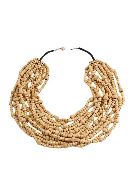 Multi-strand Wooden Bead Necklace in natural wood