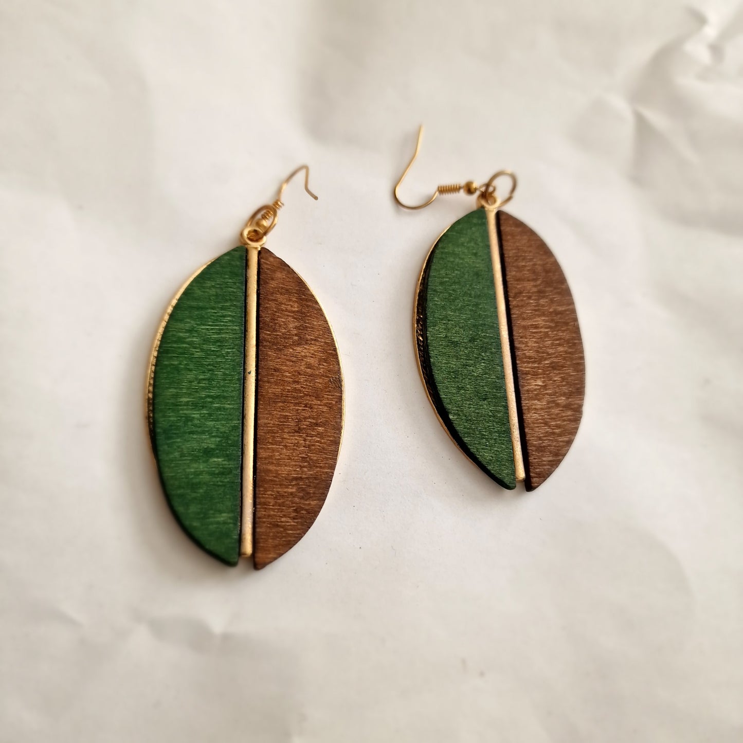 Green and brown wooden earrings