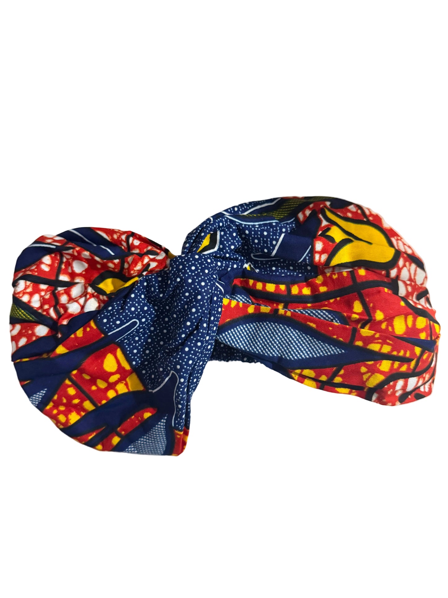 Blue, red and yellow wide turban