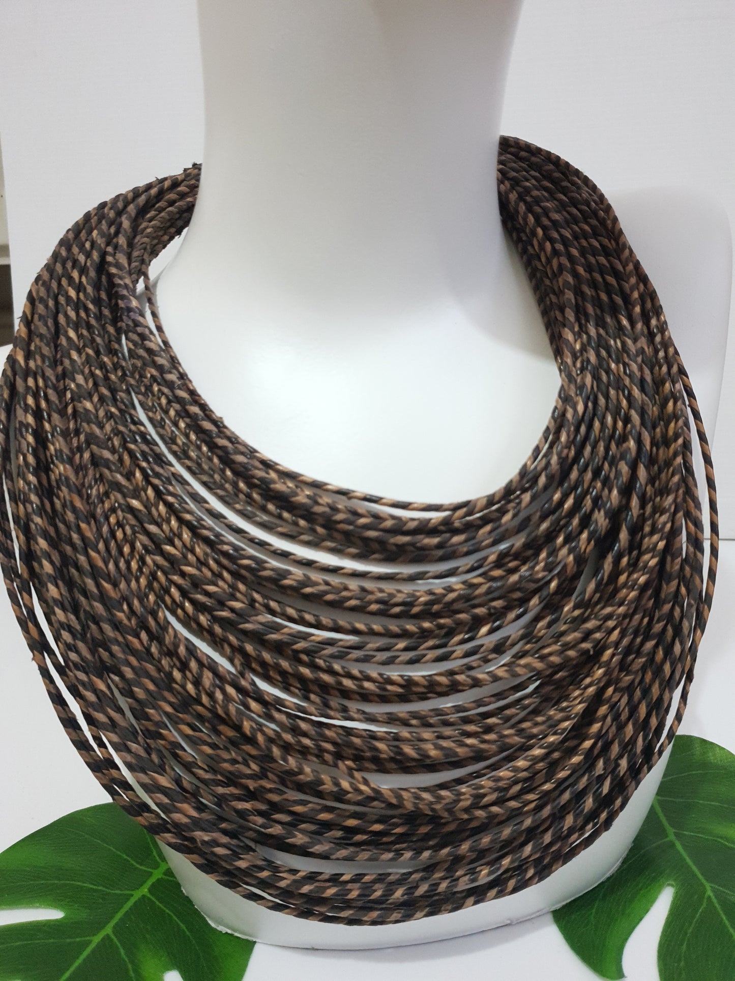 Brown mix leather layered bib statement necklace