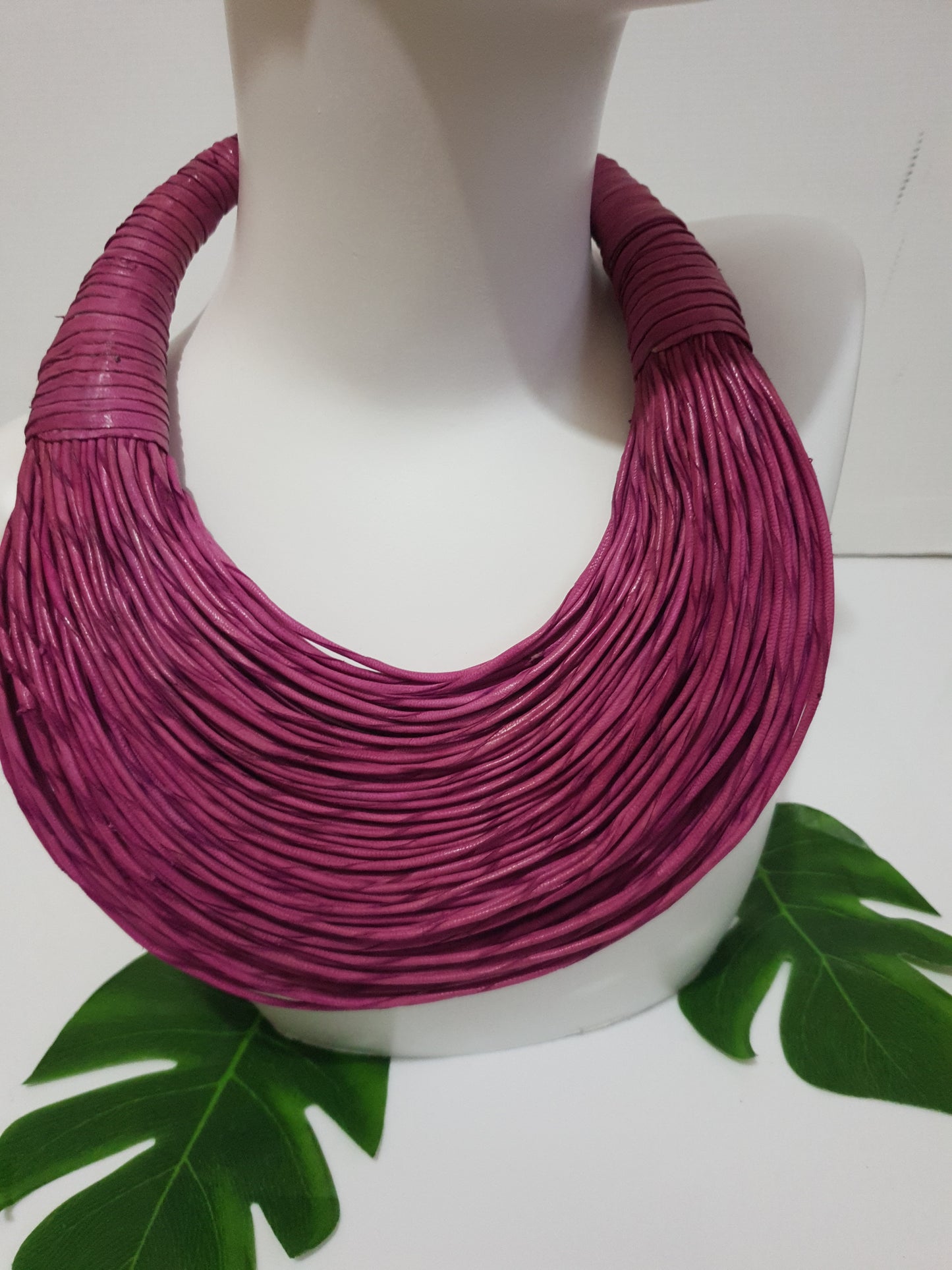 Pink fuschia leather layered bib statement necklace