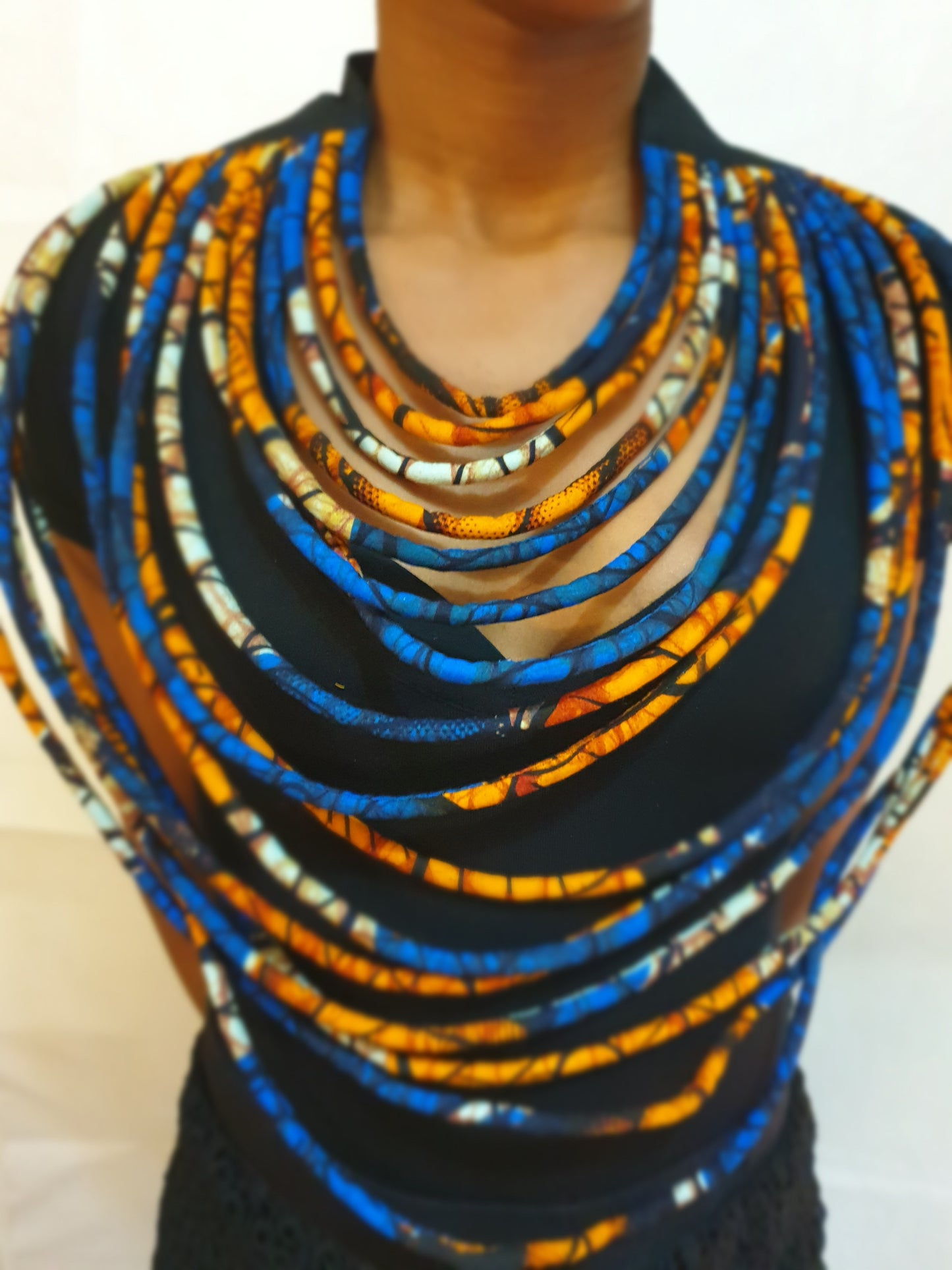 Layered african fabric statement necklace - Ankara necklace - Blue, yellow and orange