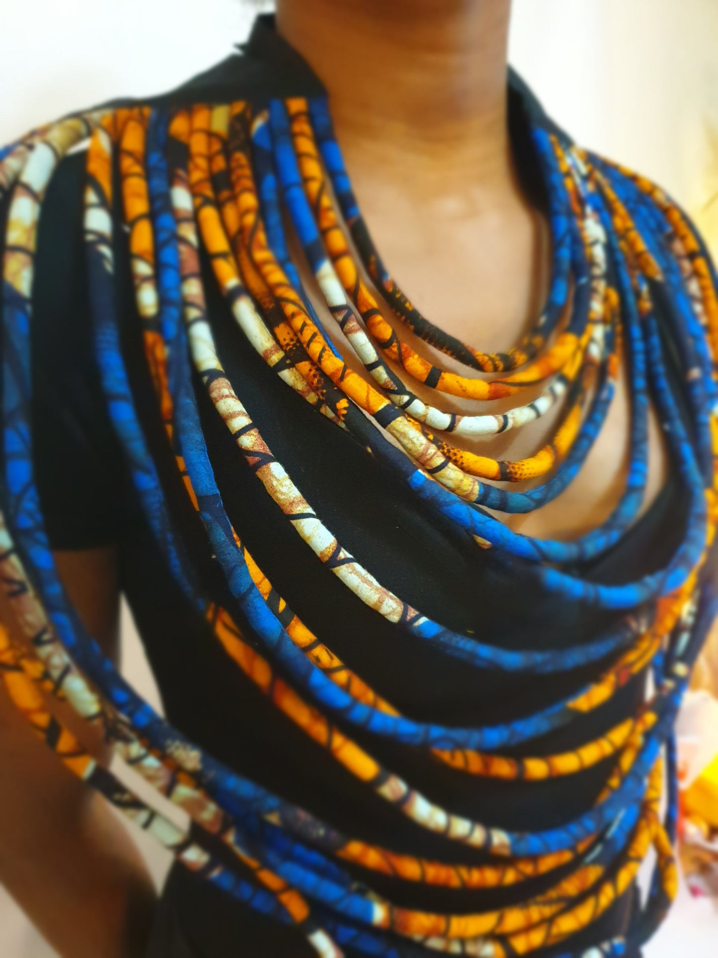 Layered african fabric statement necklace - Ankara necklace - Blue, yellow and orange