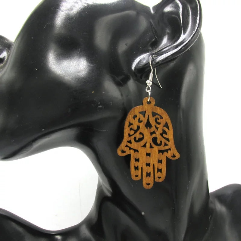 Wooden hands of Hamsa earrings