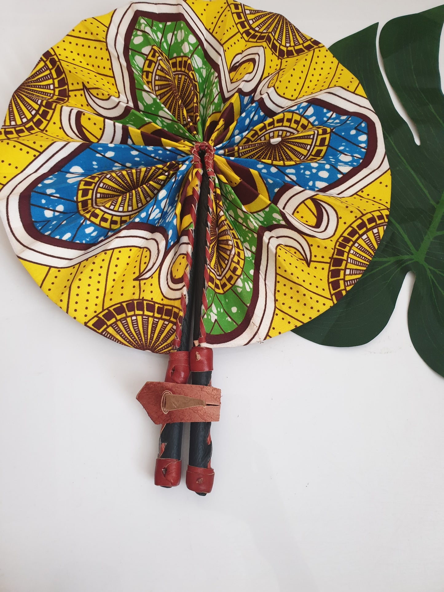 Yellow and blue African Leather Folding Fan