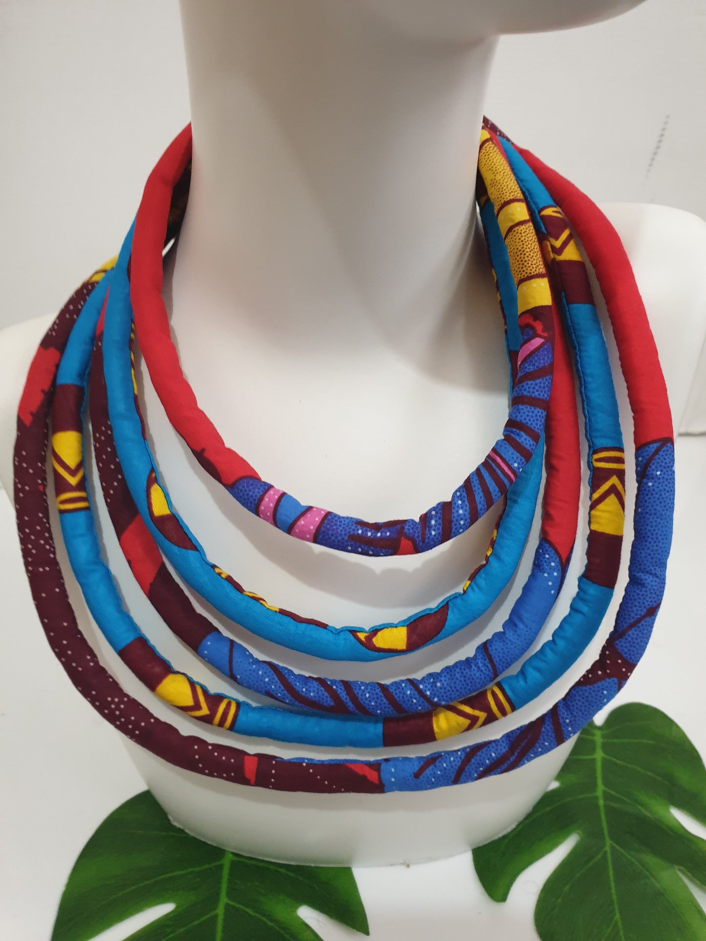 Multi-layered blue african fabric ankara print necklace