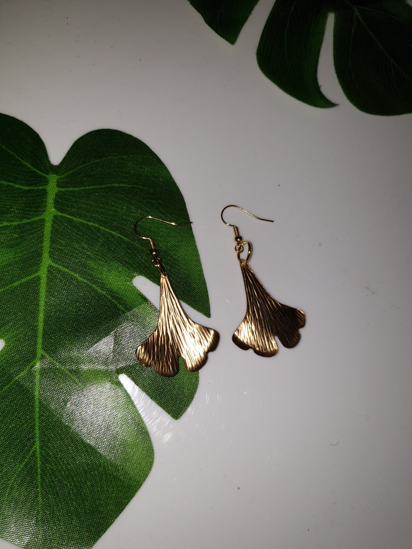 Raw brass textured Ginkgo Leaf Earrings