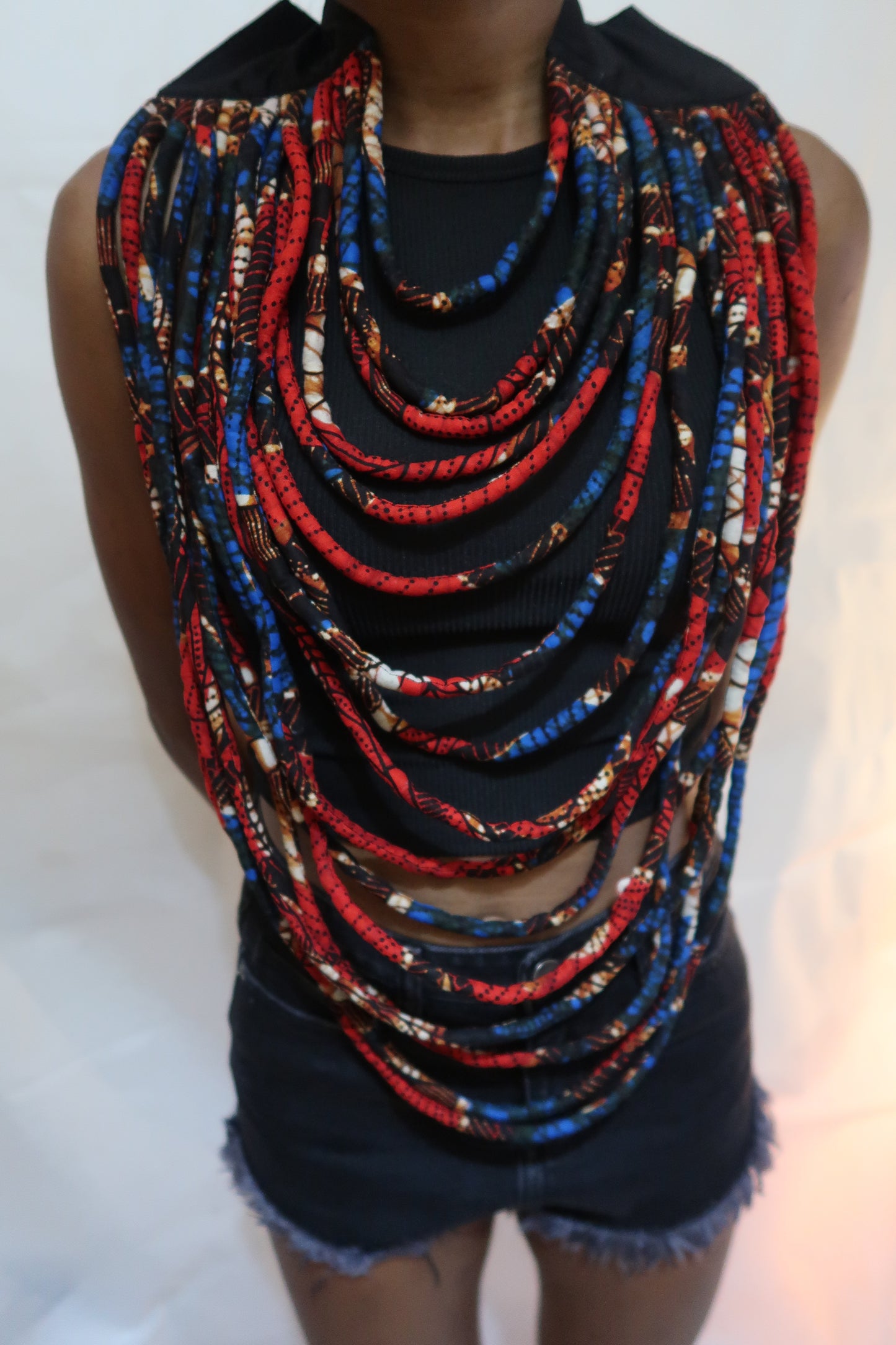 Red and blue African fabric large multi-layered statement necklace