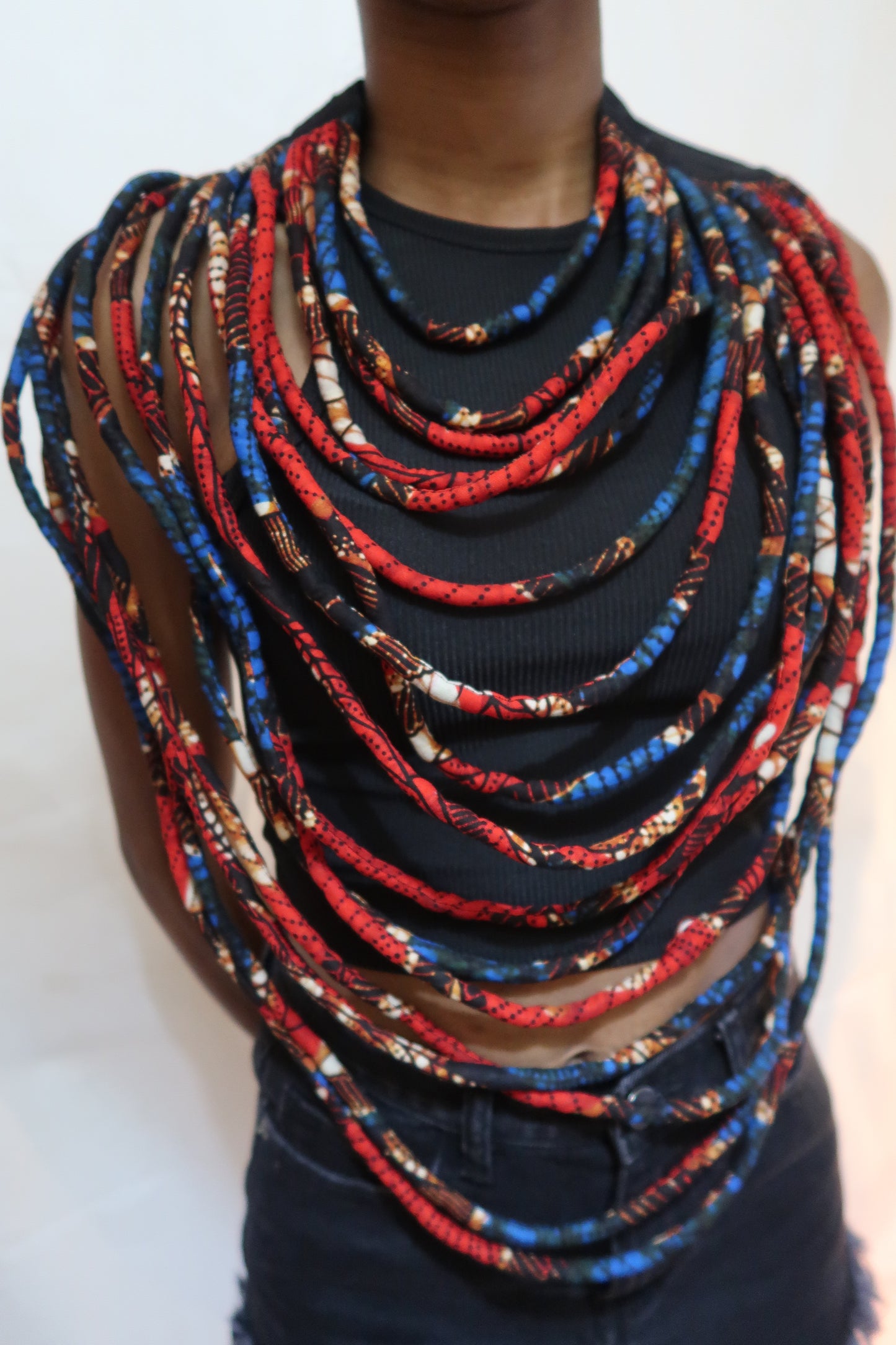 Red and blue African fabric large multi-layered statement necklace