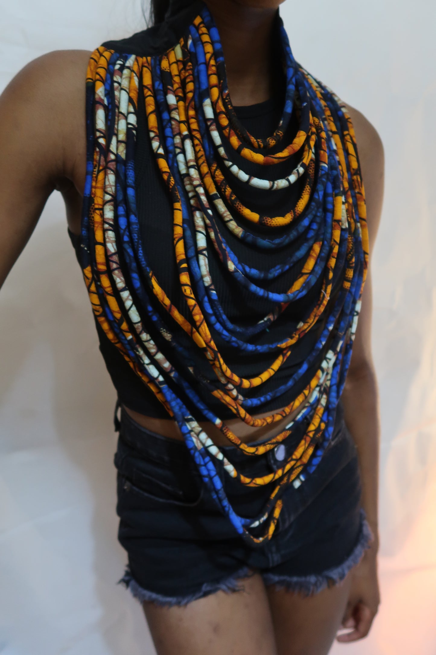 Layered african fabric statement necklace - Ankara necklace - Blue, yellow and orange