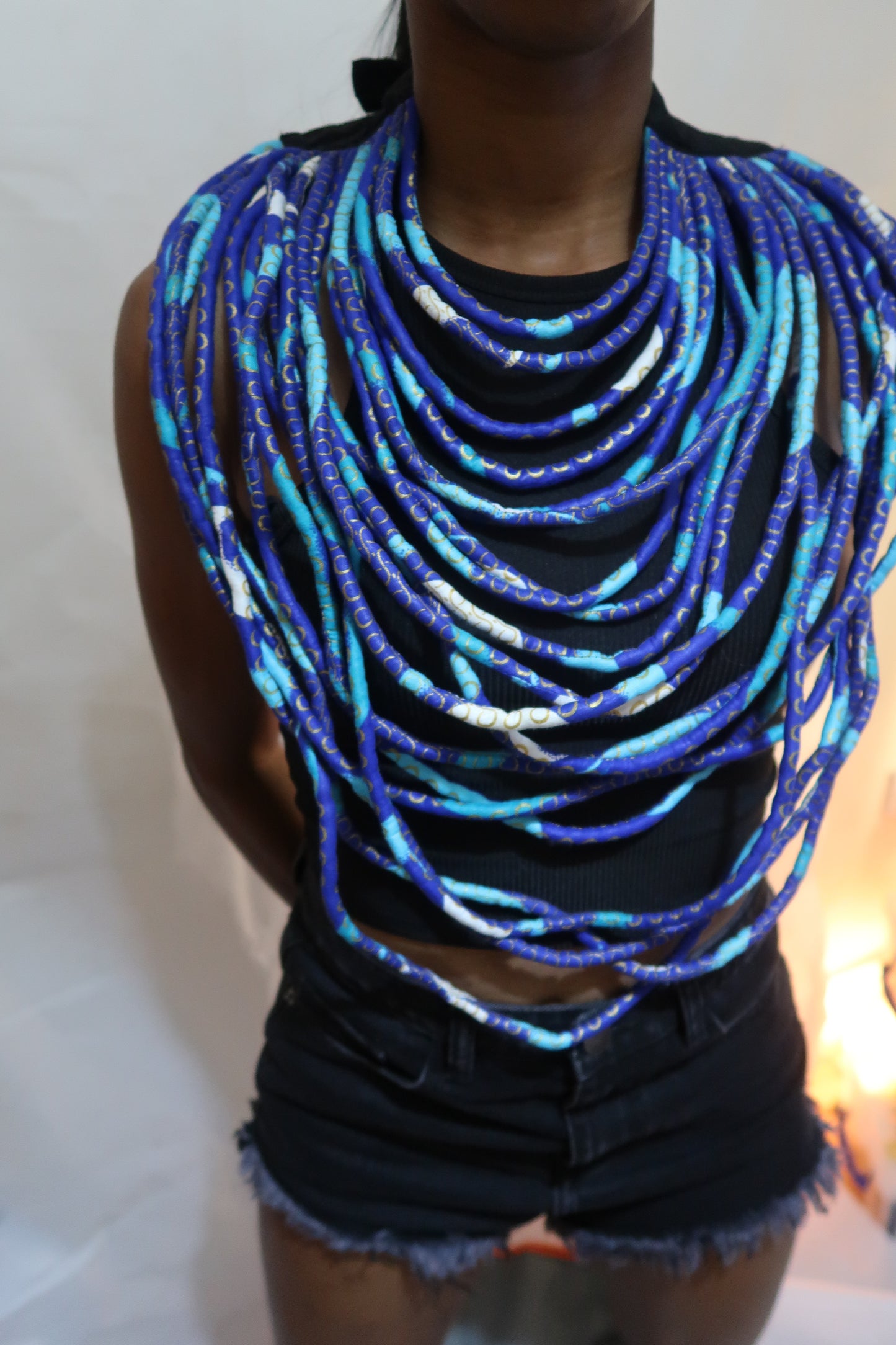 Layered african fabric statement necklace - Ankara necklace - Blue and white