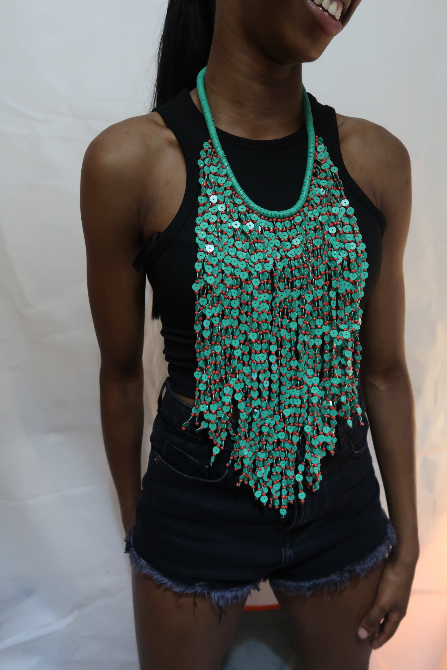 Green flat bead multi layered statement necklace