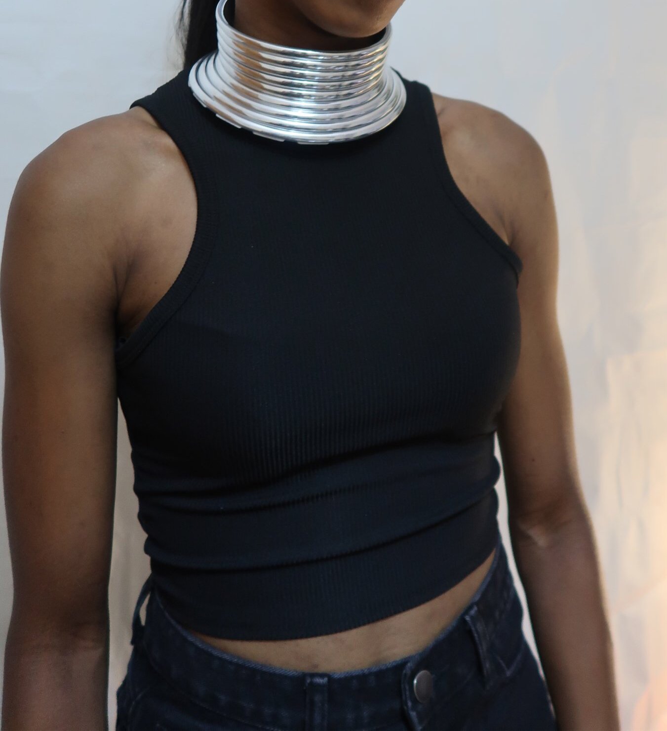 Gold and Silver Leather Choker Collar Necklace