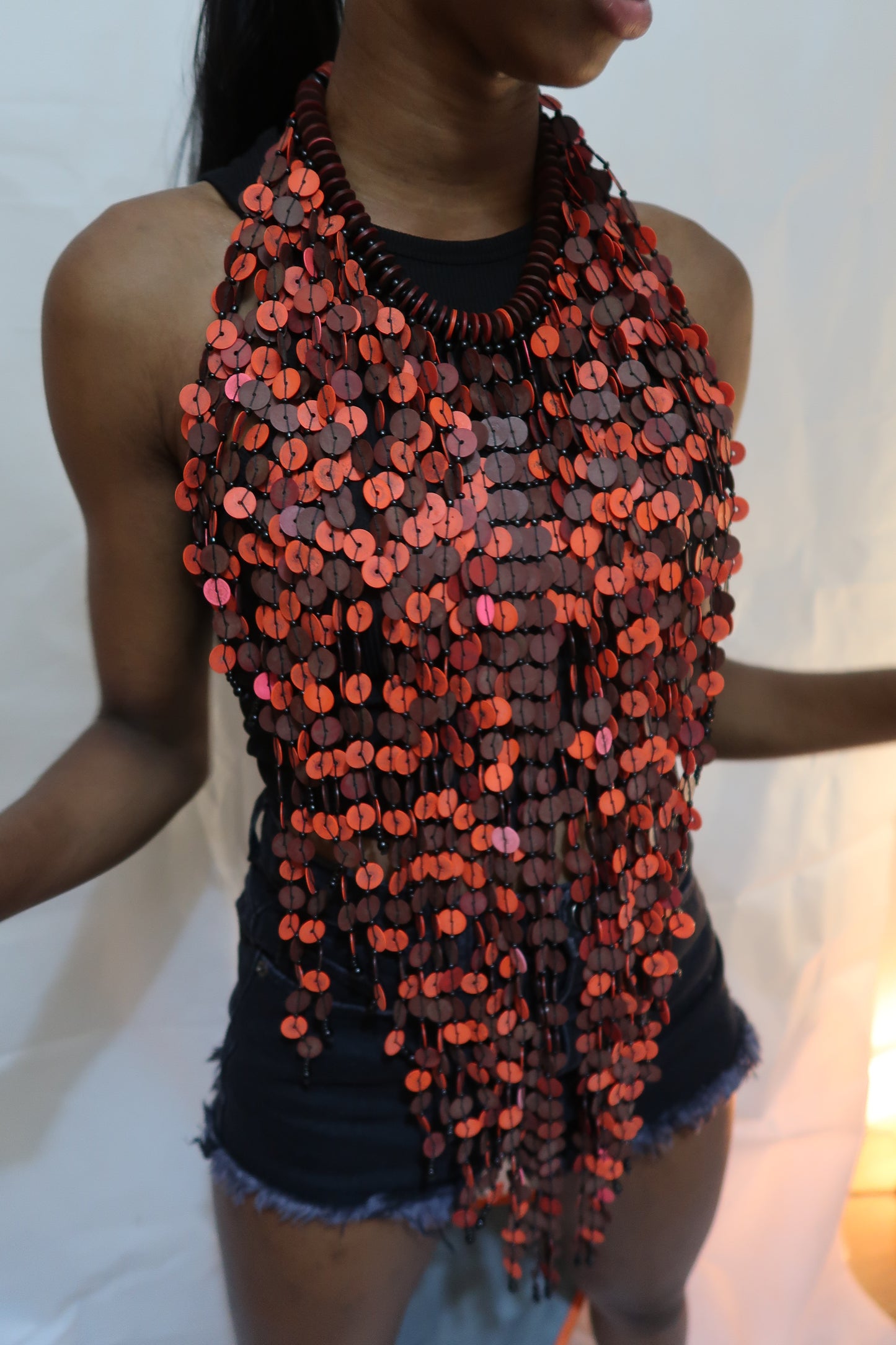 Deep red large flat bead layered bib statement necklace