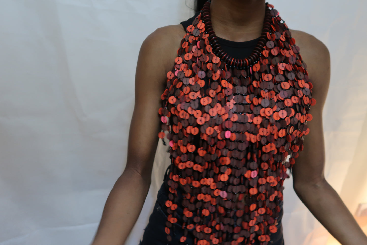 Deep red large flat bead layered bib statement necklace