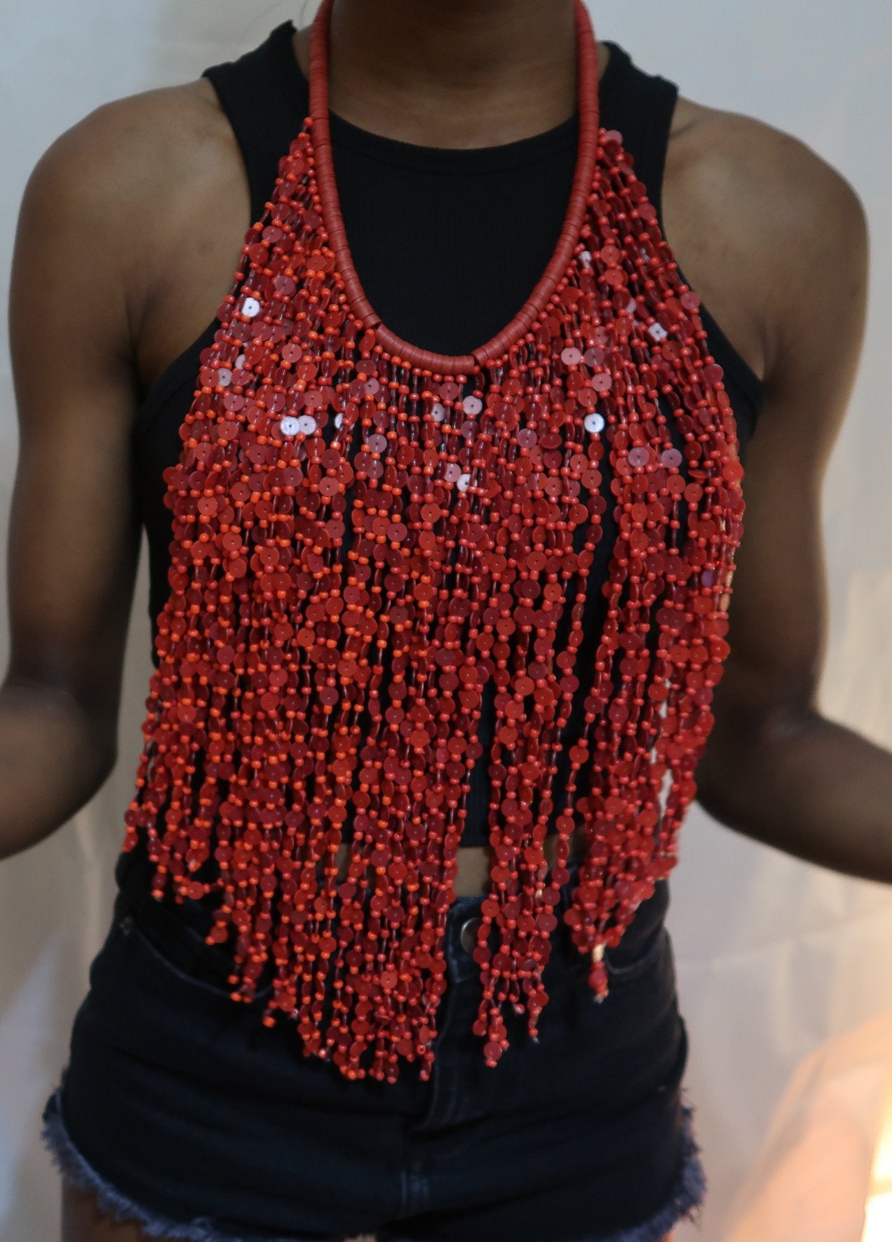 Red bead multi strand statement necklace