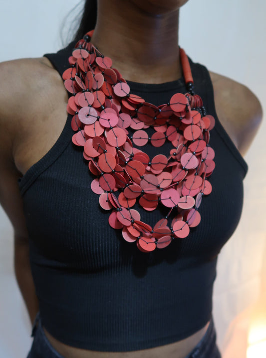 Red flat bead layered statement necklace