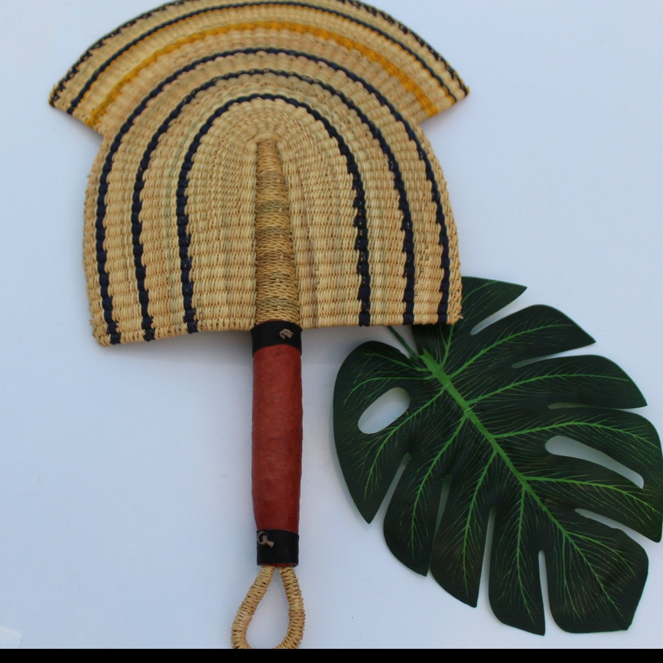 Blue and yellow beautiful handwoven and decorative Bolga fan, hand fan, African fan, Ghanaian fan