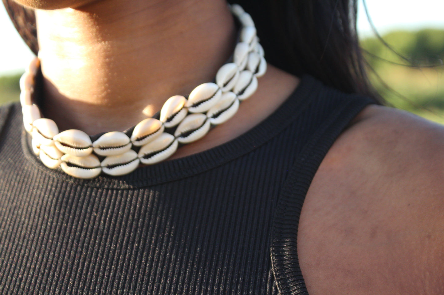 Cowrie shell bead choker necklace
