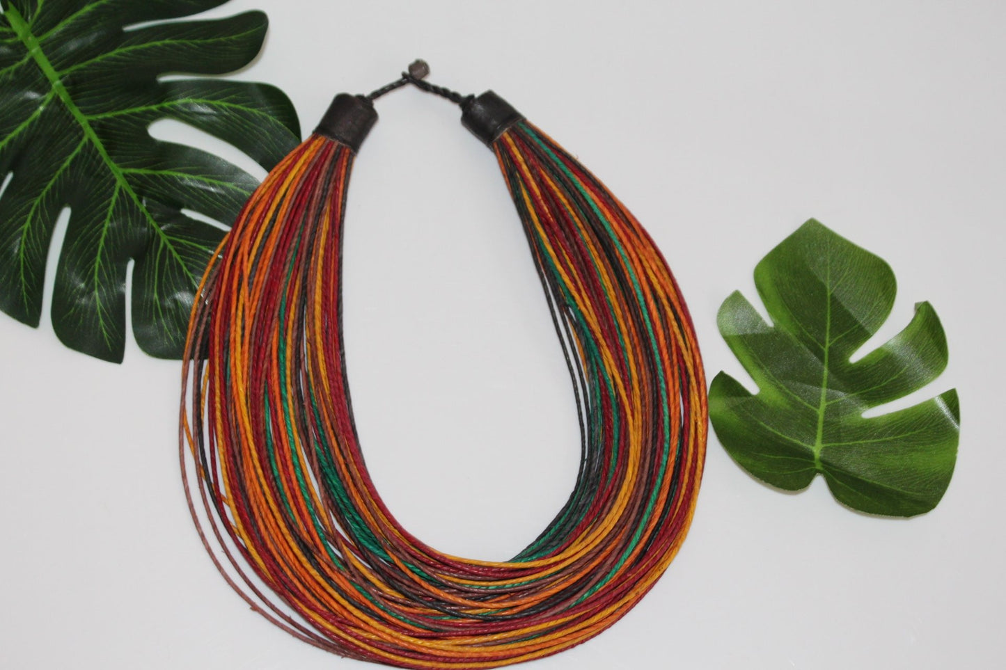 Multi-coloured leather layered statement necklace