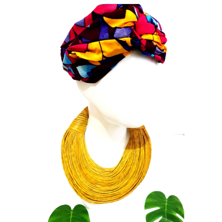 Pink, brown and yellow multi-colour African print turban style headband