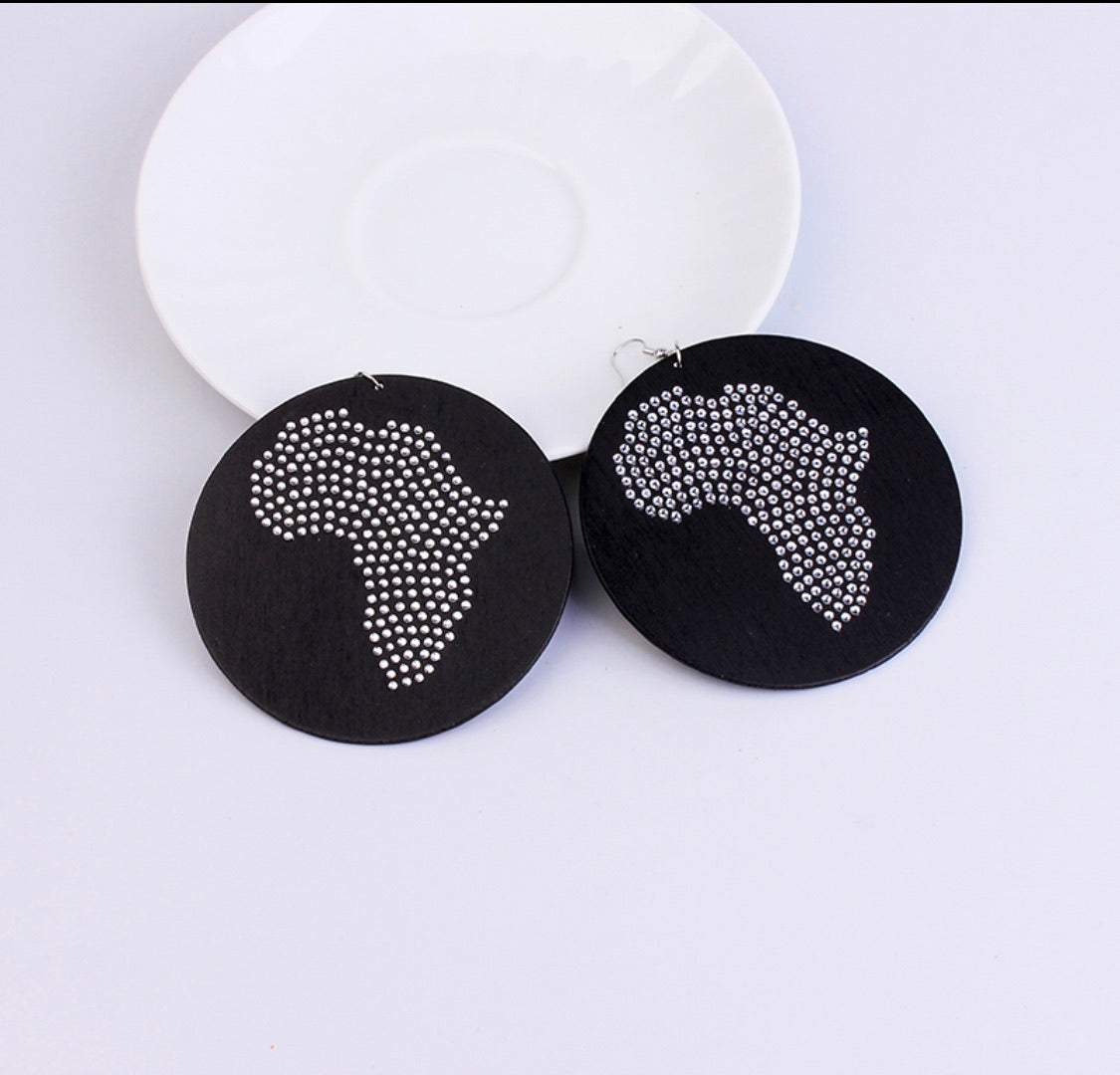 African Map Rhinestone Wooden Earrings - Circle