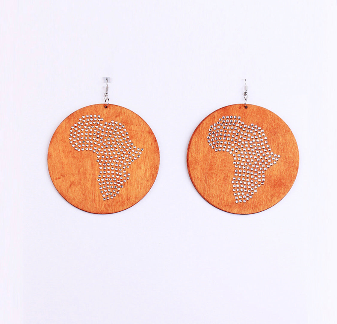 African Map Rhinestone Wooden Earrings - Circle