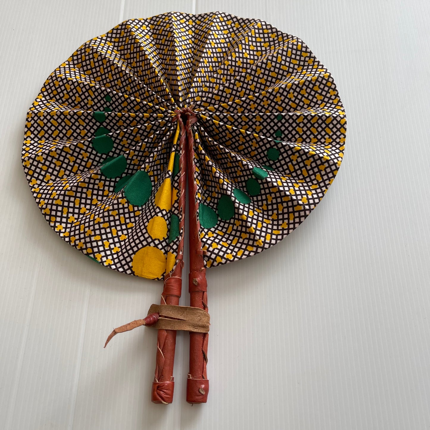 African Leather Green and Yellow geometric print Folding Fan