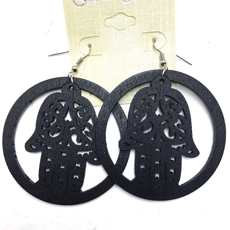 Wooden hands of Hamsa earrings - Circle
