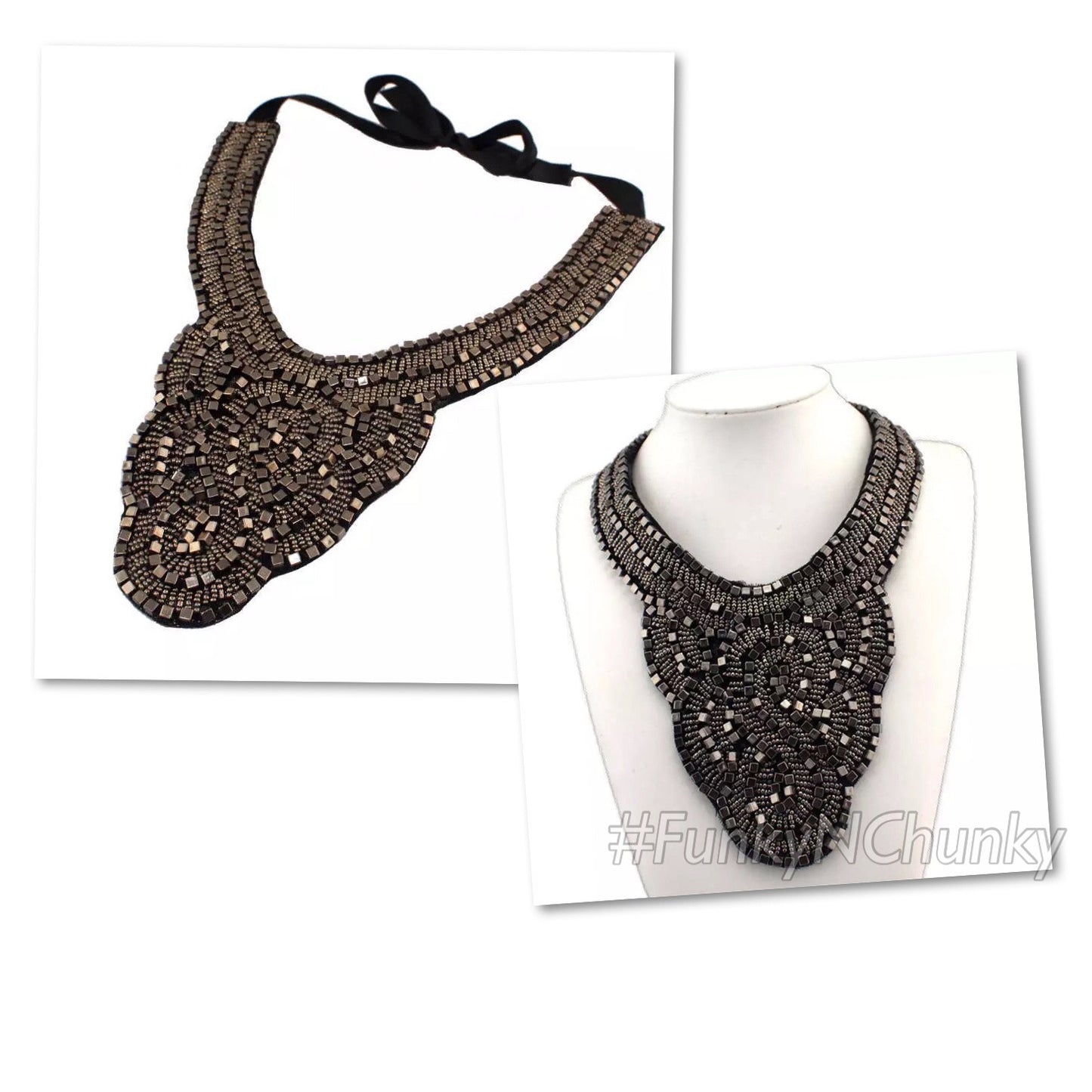 Grey and silver bib statement necklace - handmade