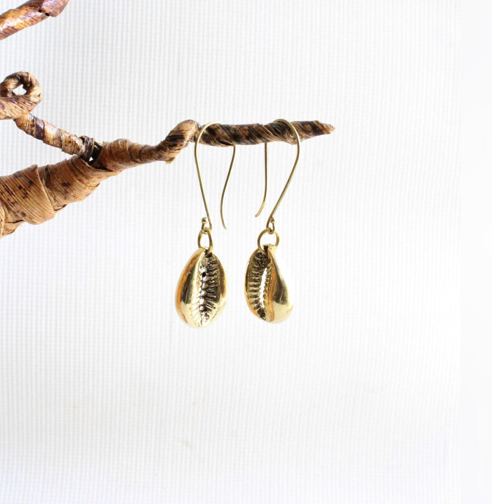 Brass cowrie shell statement earrings