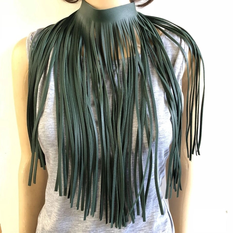 Dark Green Leather Collar Tassel Necklace