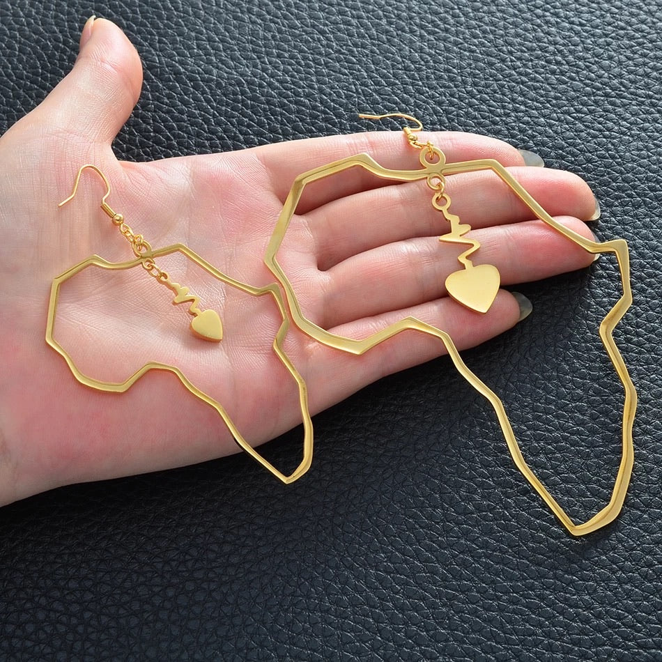 Gold Heart African Map - 11cm Earrings