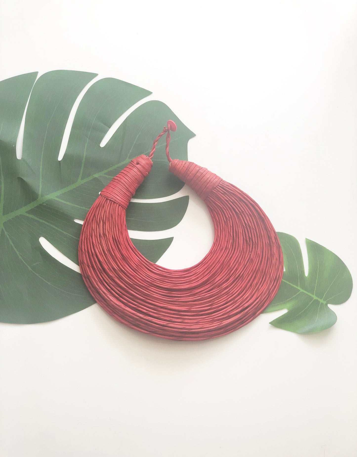 Red leather layered statement necklace
