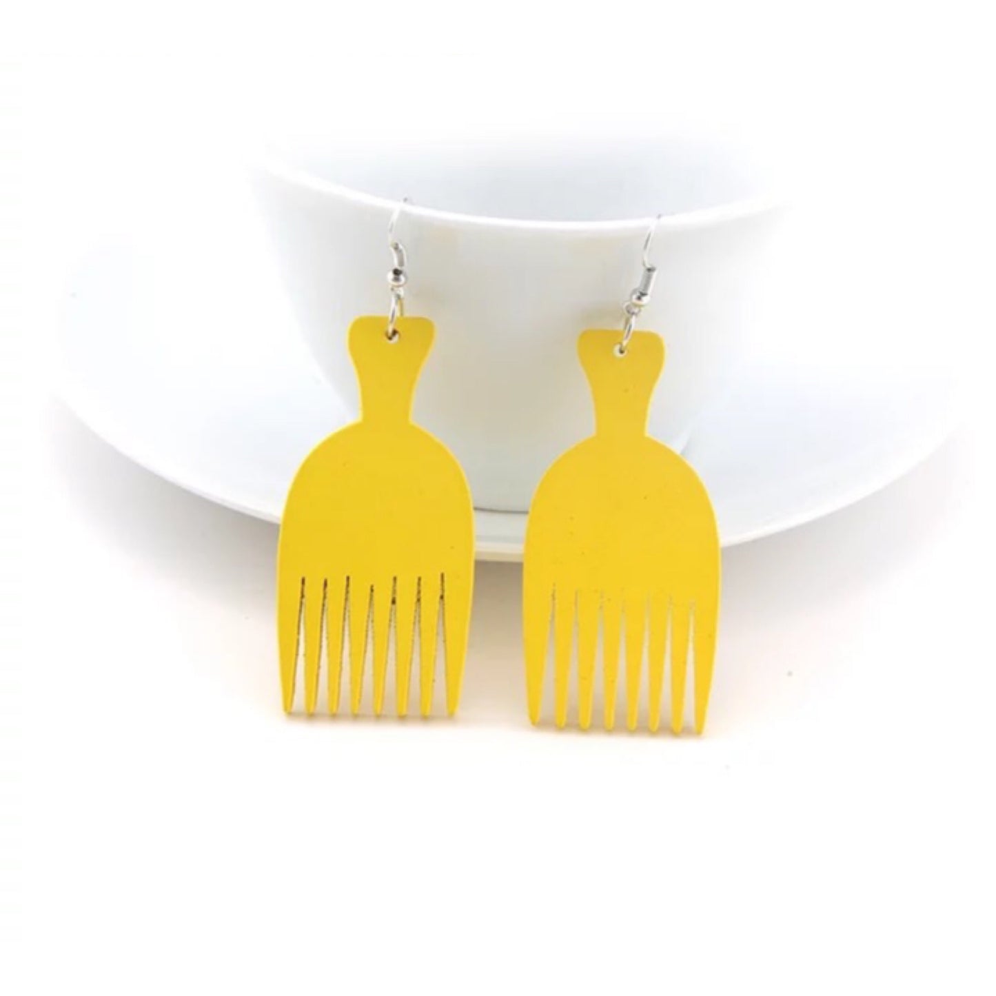 Yellow Afro Comb Wooden Earrings