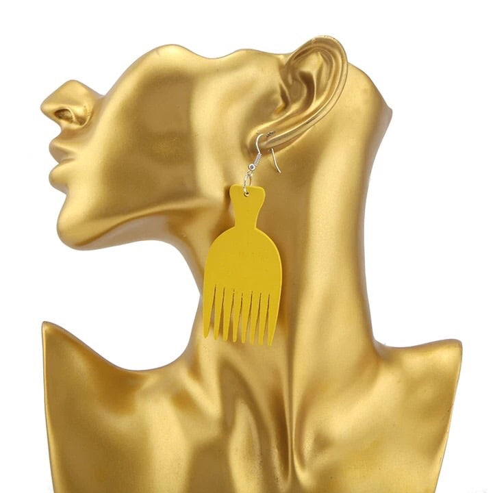 Yellow Afro Comb Wooden Earrings