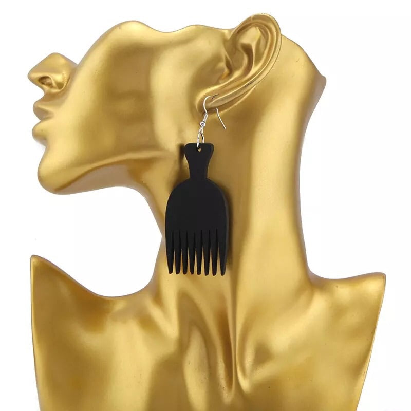 Red AFRO Comb Wood Earrings