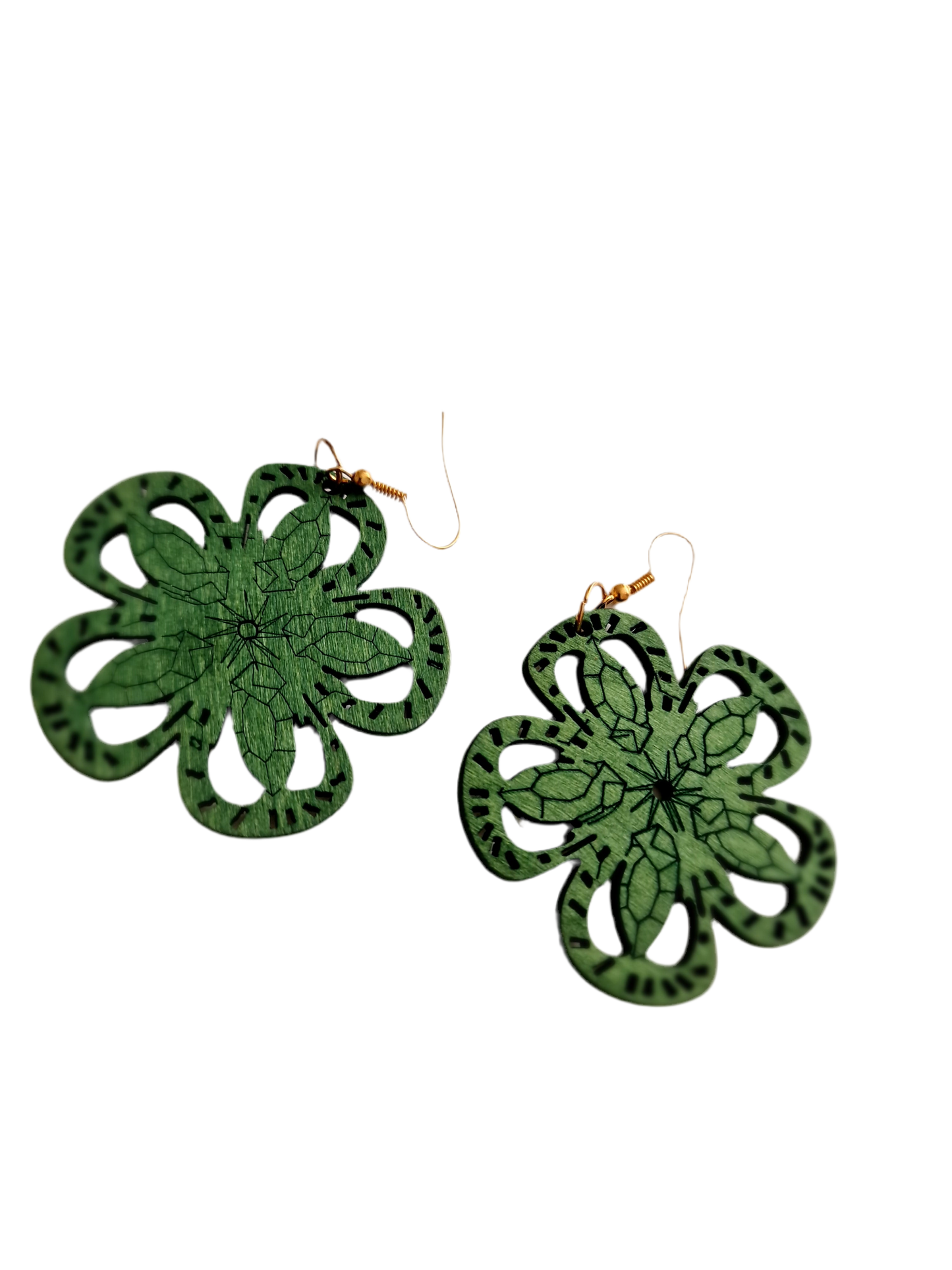 Green flower shaped wooden earrings
