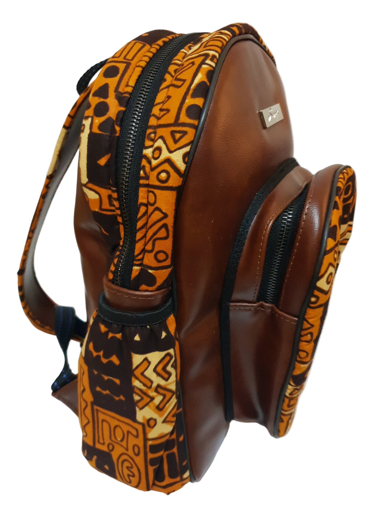 Leather and African brown print backpack