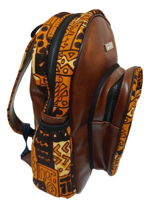 Leather and African brown print backpack