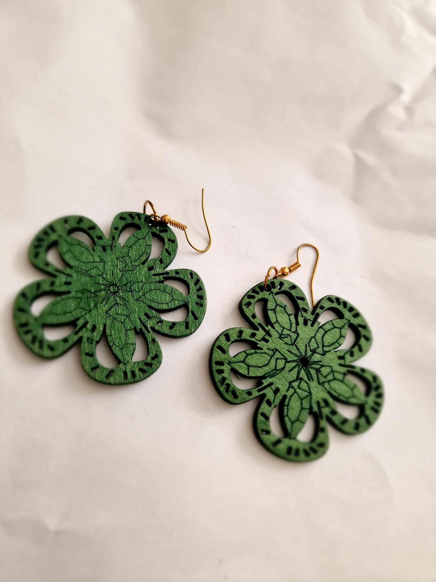 Green flower shaped wooden earrings
