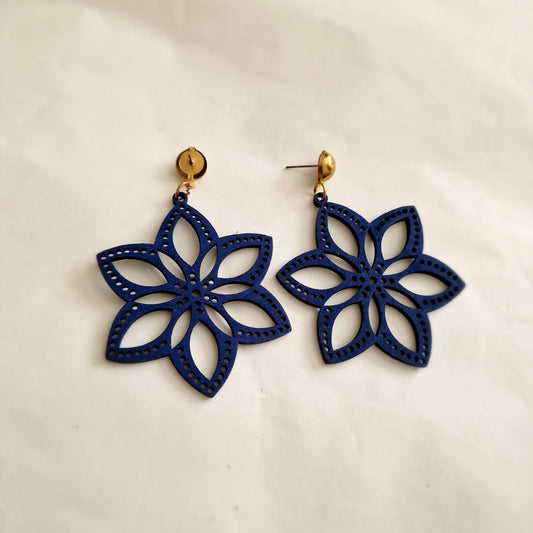Blue flower shaped wooden earrings