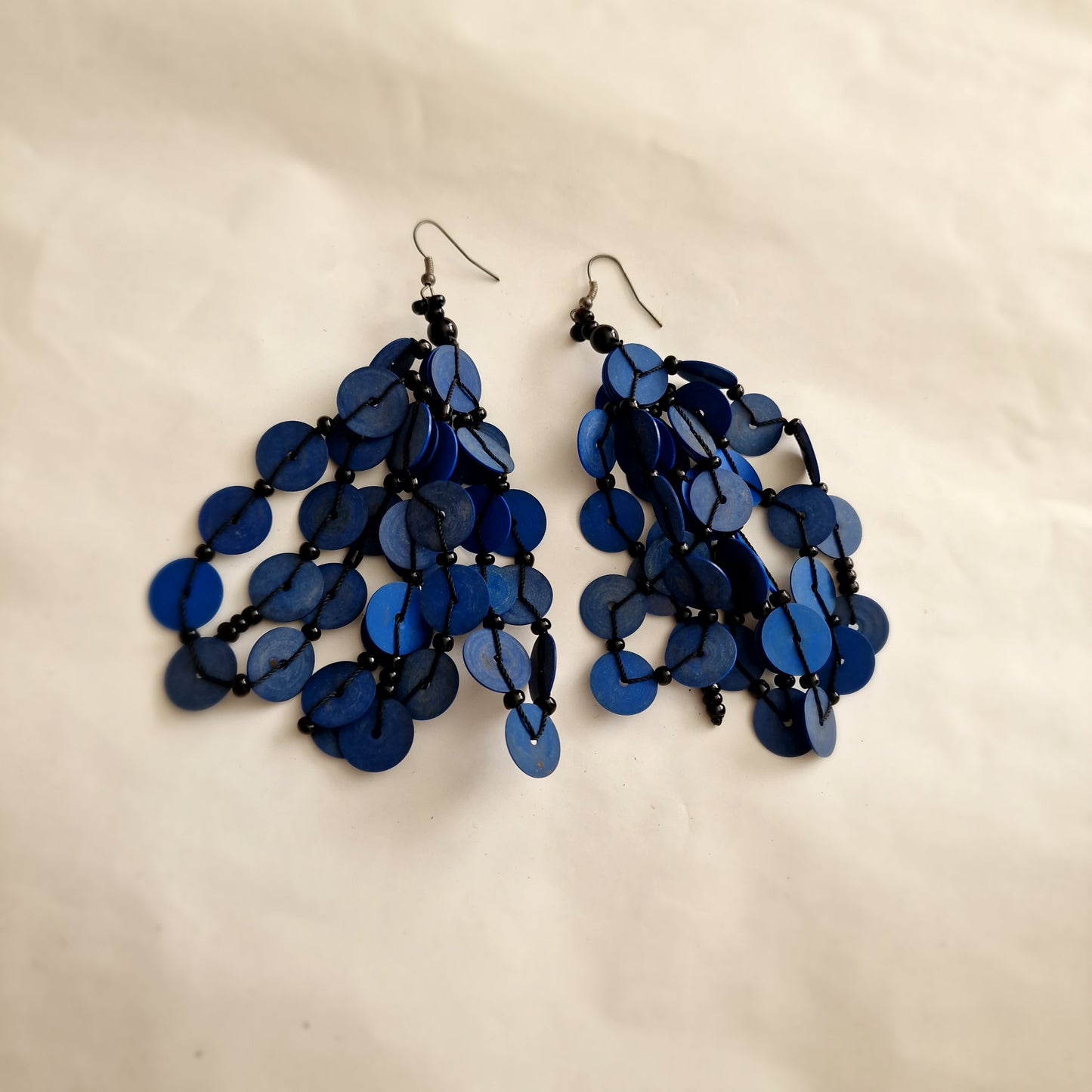 Blue flat bead statement earrings
