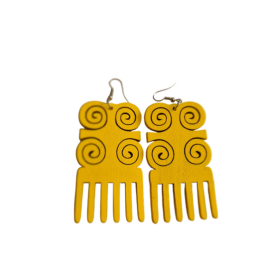 Yellow Afro Comb and adinkra Wooden Earrings