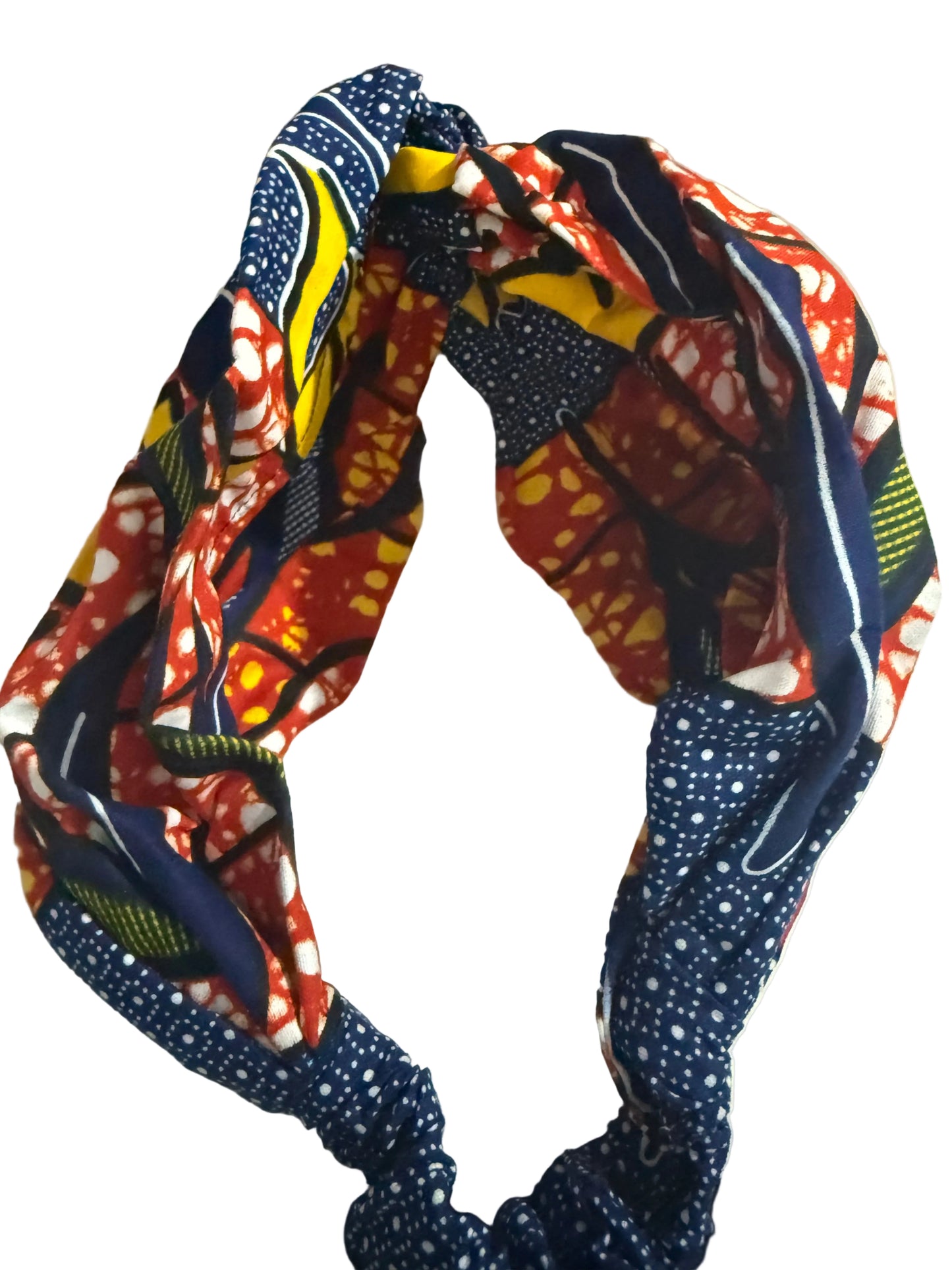 Blue, red and yellow wide turban