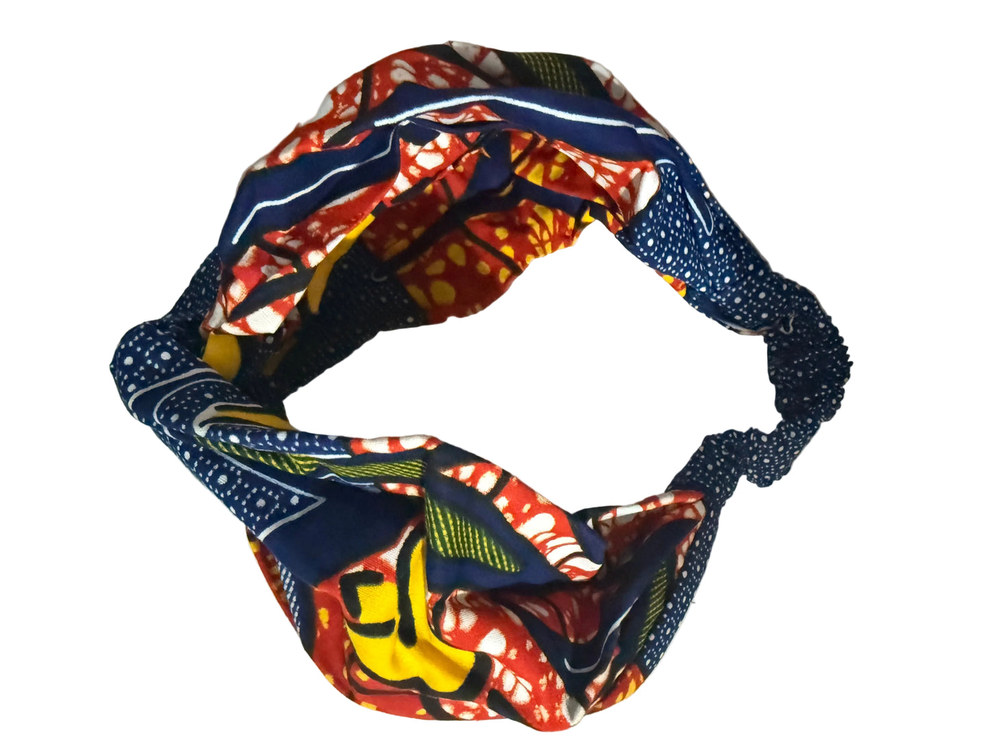 Blue, red and yellow wide turban