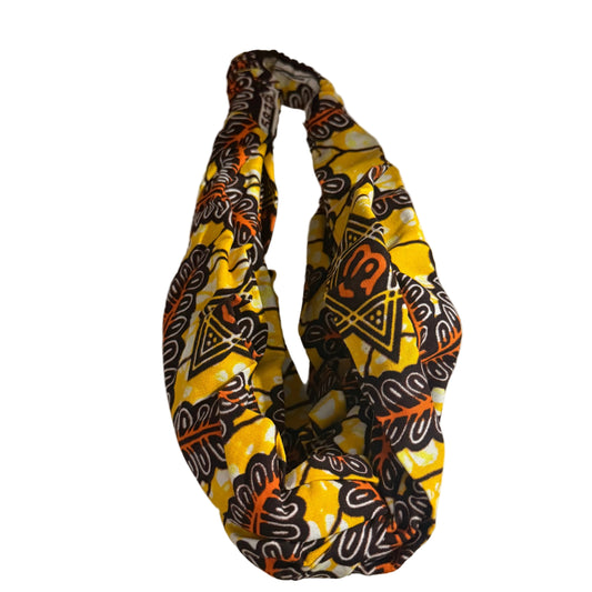 Brown, yellow and orange leaf patterned wide turban