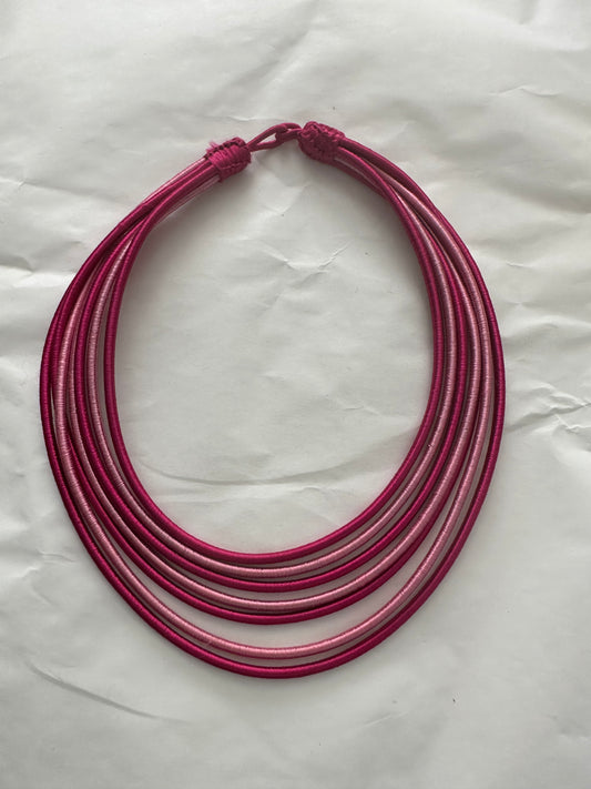 Pink two tone silk layered necklace - 7 strands