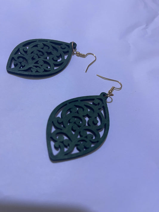 Green leaf shaped wooden earrings