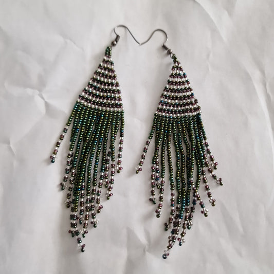 Green and Brown Tassel Long Drop Earrings Handmade